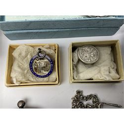 Pair of Georgian silver dress buttons, silver caddy spoon, silver fob medals, silver watches, set of six silver plated teaspoons, set of gilt buttons with ship design, etc