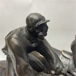 After E Loiscay, bronzed figure group, modelled as two race horses, signed E Loiscay, upon a stepped marble plinth, overall H28cm