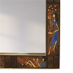 Mid-century Knitter Duro Brevete tiled rectangular wall hanging mirror, tiles decorated in relief with female figures, H58cm