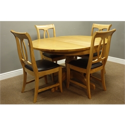  Solid light oak circular pedestal extending dining table L146cm, H76cm, W110cm, & a set of four chairs with black leather seats (5)  