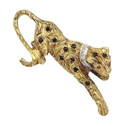 9ct gold sapphire leopard brooch, with ruby eyes and a diamond set collar, Birmingham 1989