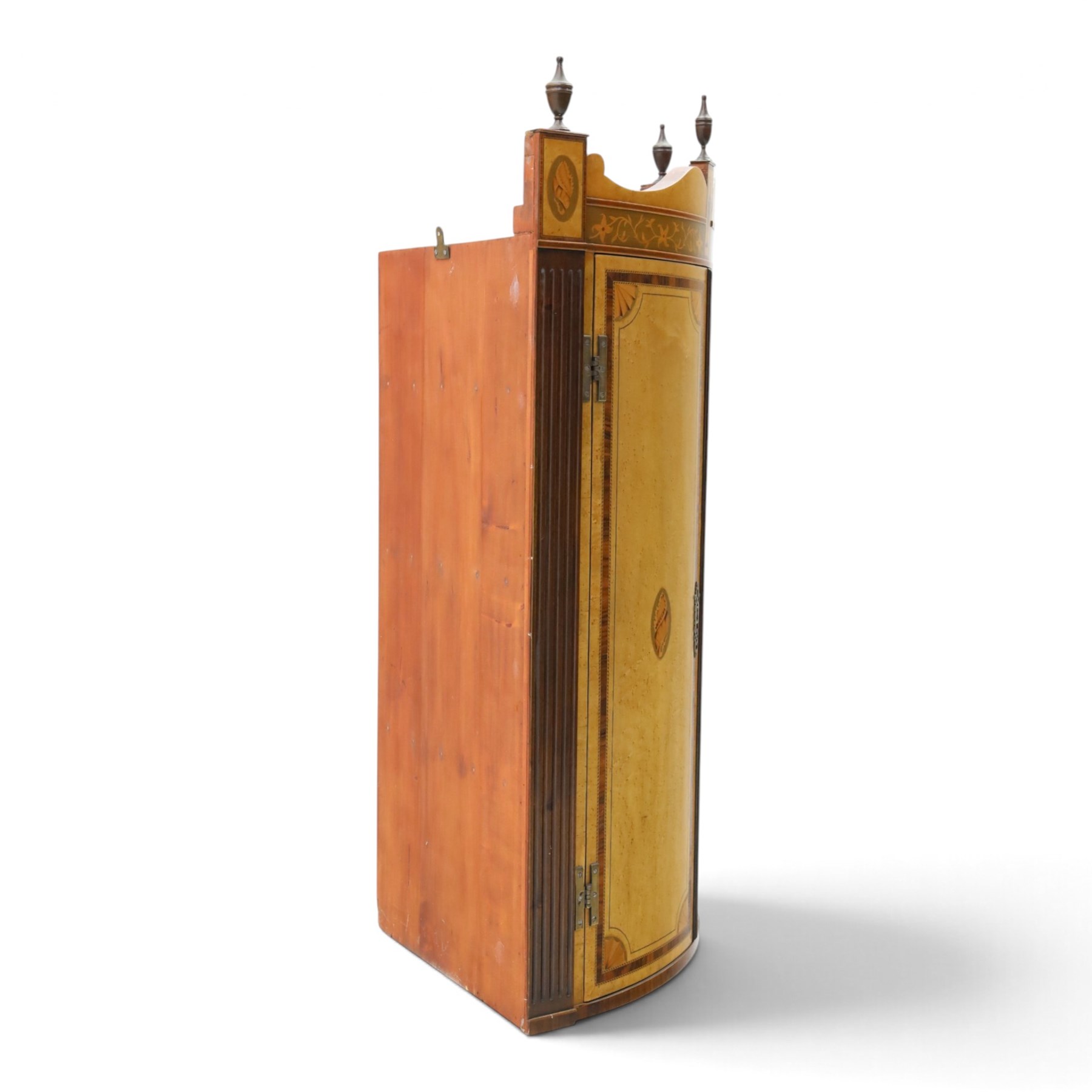 Edwardian inlaid birds-eye maple corner cabinet, urn finials above shell motif inlays, reeded column's hanging hooks