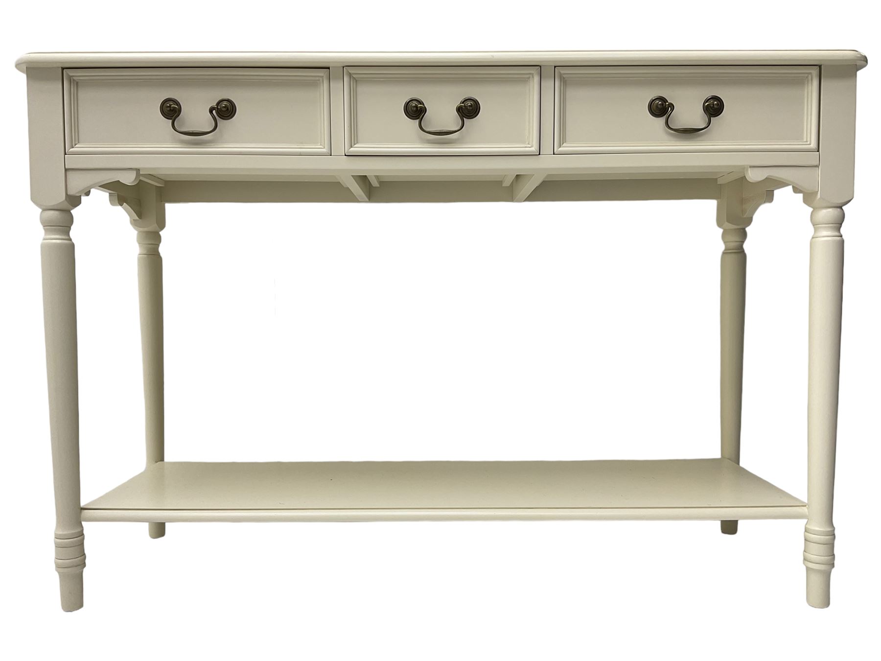 Laura Ashley - 'Clifton' ivory finish three drawer console table, fitted with three frieze drawers with heavily moulded edges, raised on turned supports united by undertier