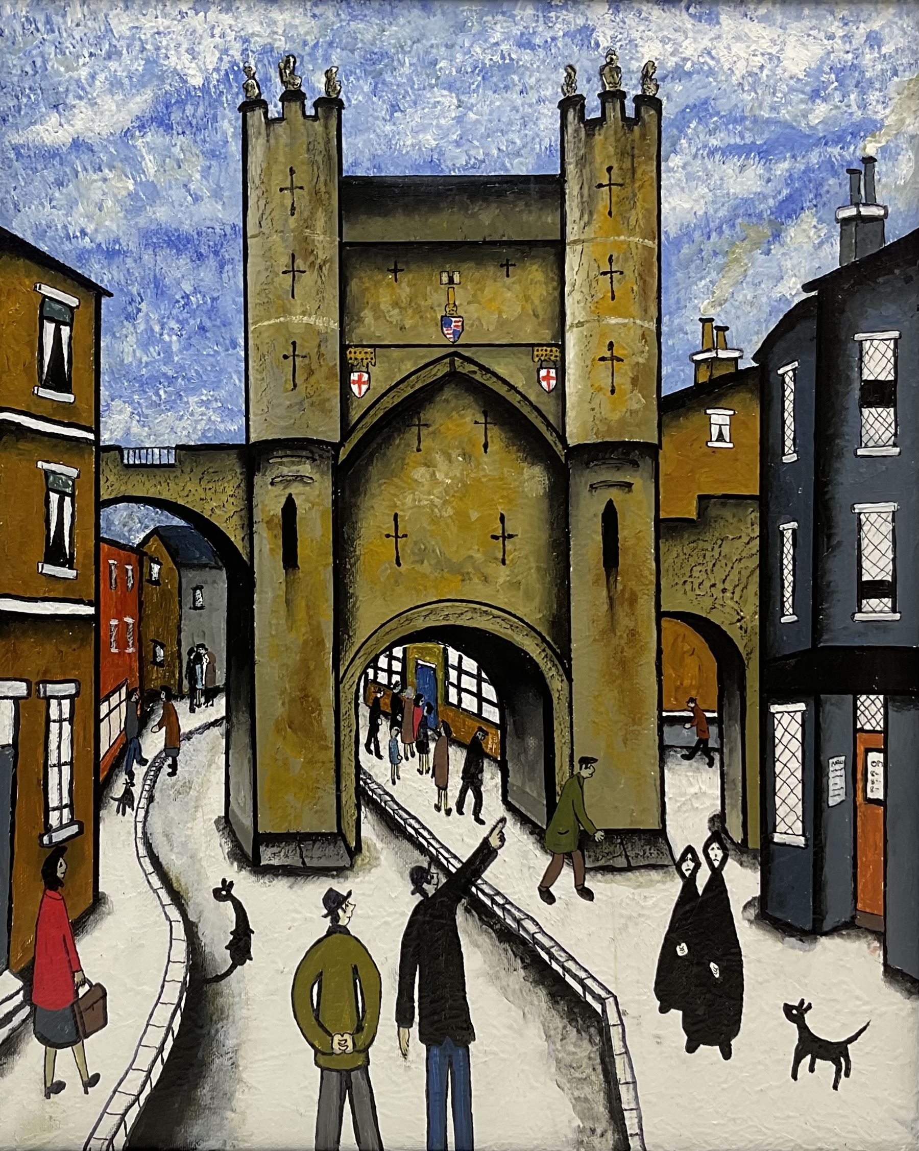 John Hanley (Northern British 1947-): 'Monk Bar Gateway York', oil on canvas, signed and titled verso with artist's certificate 50cm x 40cm 