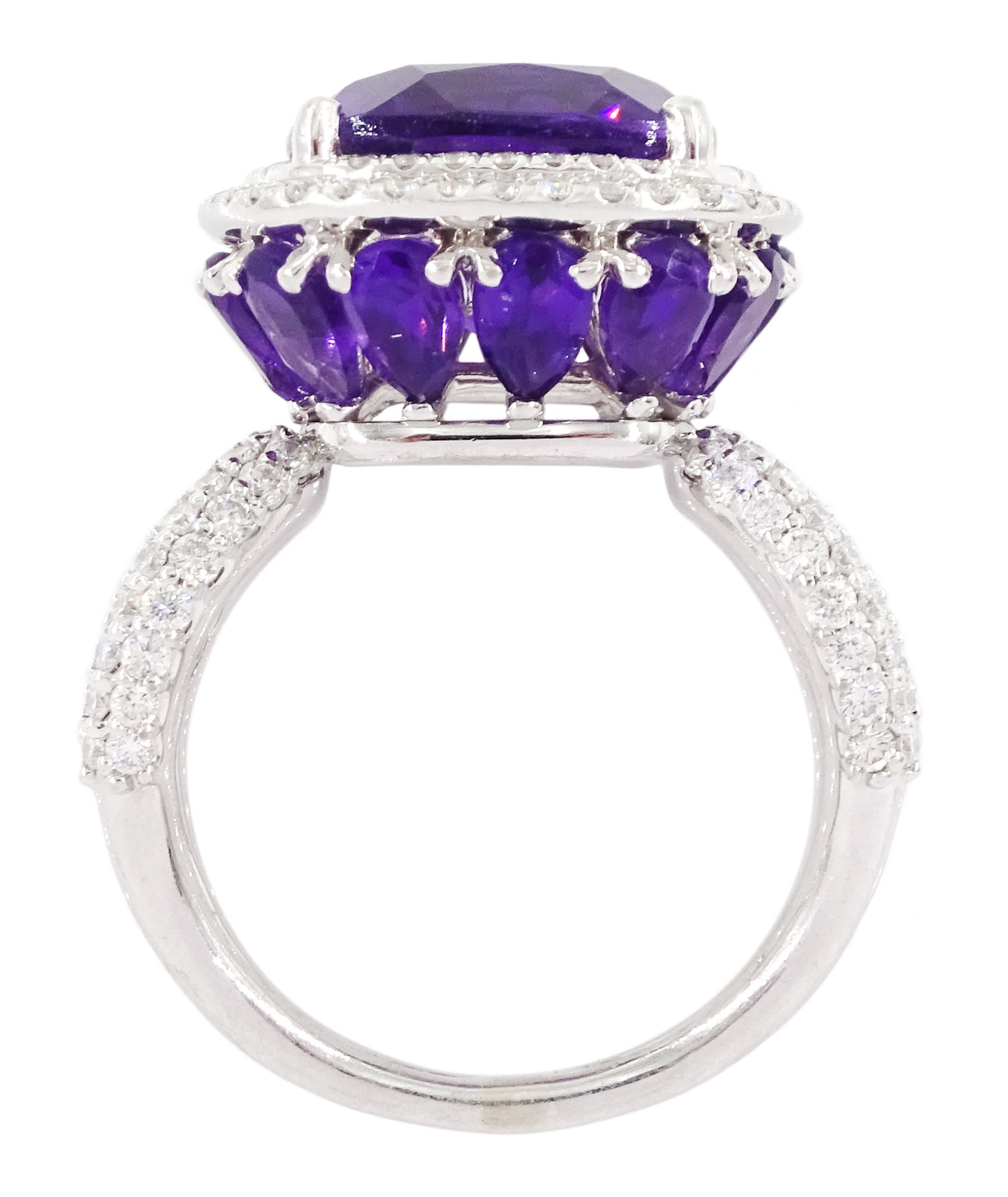 Damas 18ct white gold amethyst and diamond Vera ring, the central square cushion cut amethyst of 6.28 carat, with round brilliant cut diamond surround, pear cut amethyst gallery and diamond set shoulders, total amethyst weight 15.48 carat, total diamond weight 1.10 carat, with certificate
