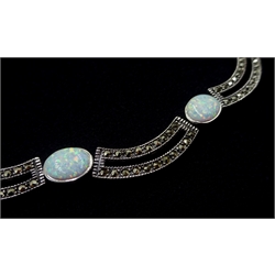 Silver opal and marcasite link necklace, stamped 925