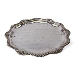 American silver Lord Robert pattern tray, of hexagonal form with oblique gadrooned rim, with presentation engraving to centre, stamped verso International Sterling WW24-1, W35cm