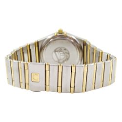 Omega Constellation ladies gold and stainless steel quartz wristwatch, Ref. 796.1201, mother of pearl dial, with diamond dot hour markers and diamond bezel, on Omega gold and stainless steel bracelet, with fold-over clasp