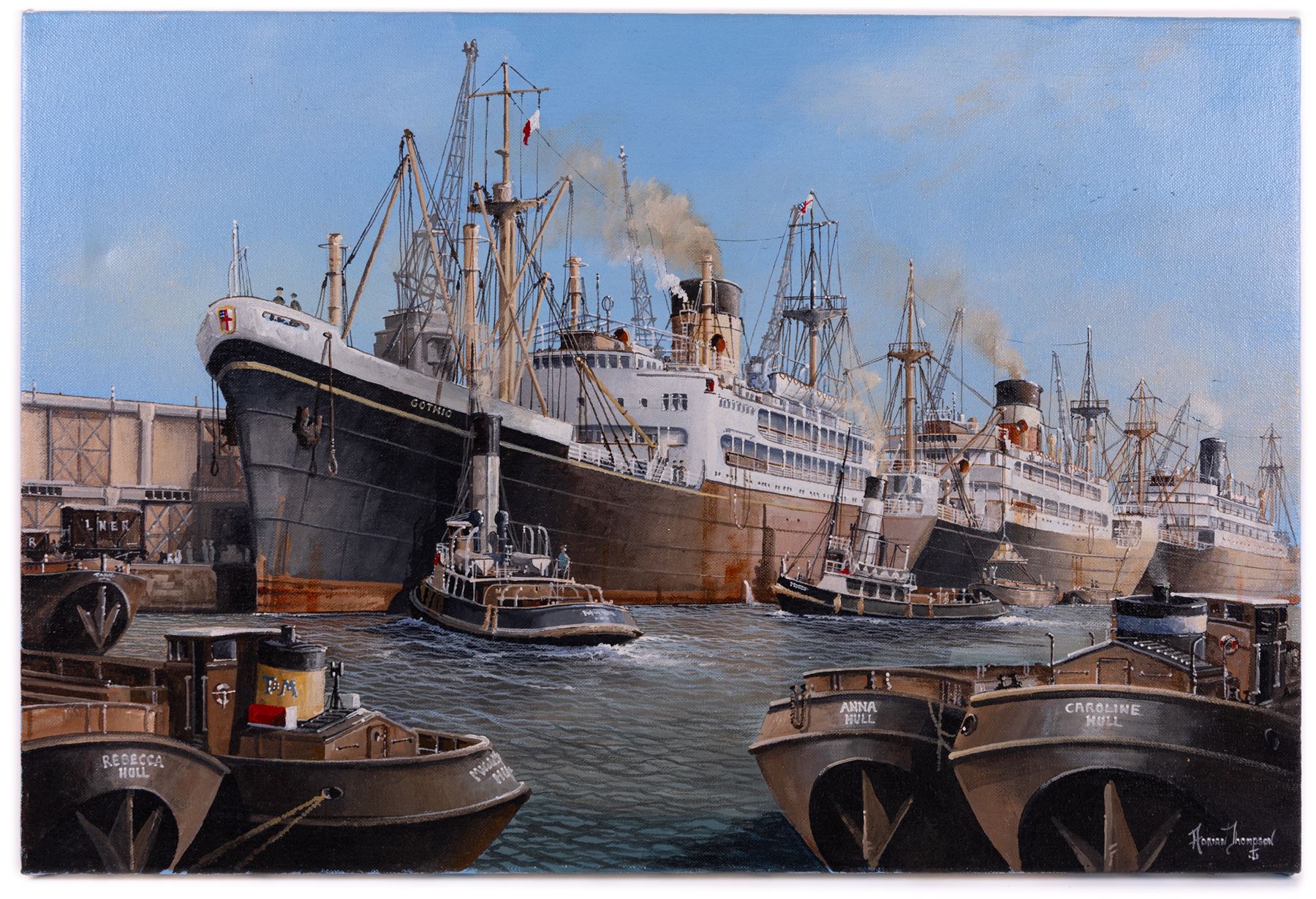 Adrian Thompson (British 1960-): The SS Gothic Docked in a Shipping Yard, oil on canvas signed 51cm x 76cm; together with another print (2) (unframed)