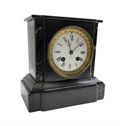 French - mid 19th century 8-day Belgium slate mantle clock in a break-front case with a flat top and varigated green marble inserts to the front, white enamel dial with Roman numerals and moon hands within a decorative glazed bezel, countwheel striking movement striking the hours and half hours on a bell. With pendulum. 