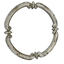 French design carved pine wall mirror, the frame in the form of conforming c-scrolls, plain mirror plate, in distressed white paint finish 