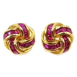  Pair of gold ruby knot ear-rings, stamped 9ct  