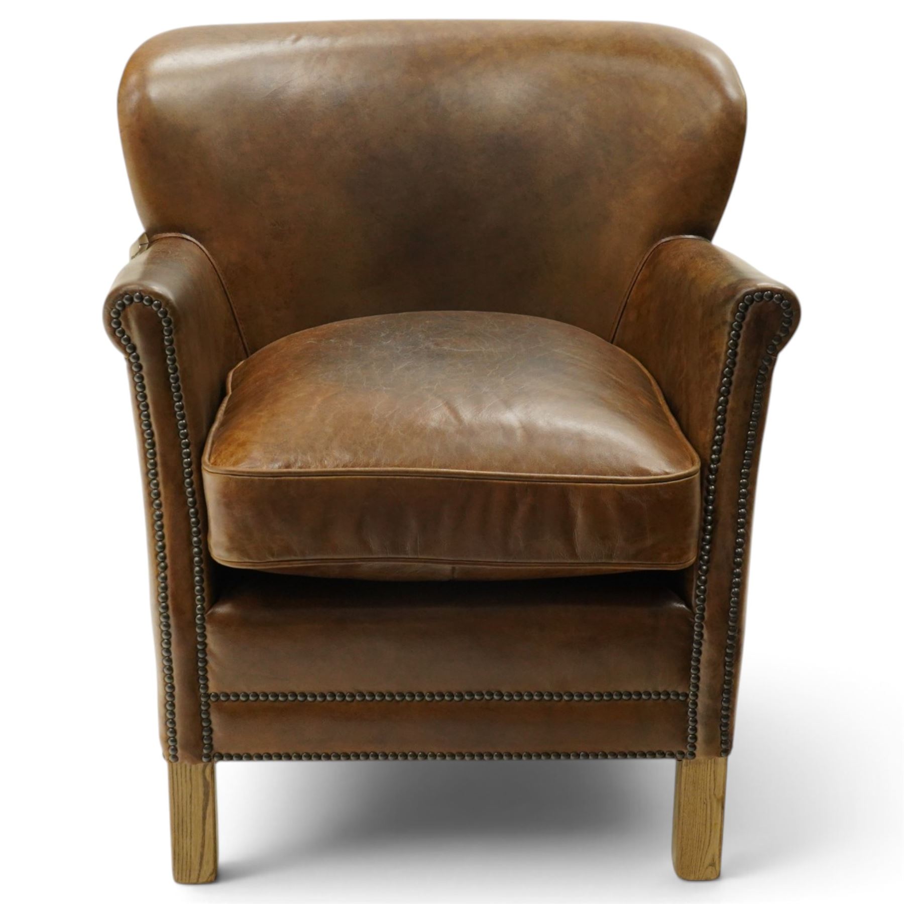 Halo - traditional tub design 'Cosy' club armchair, rolled arms with studwork terminals, upholstered in deep tan leather with loose seat cushion, on square supports