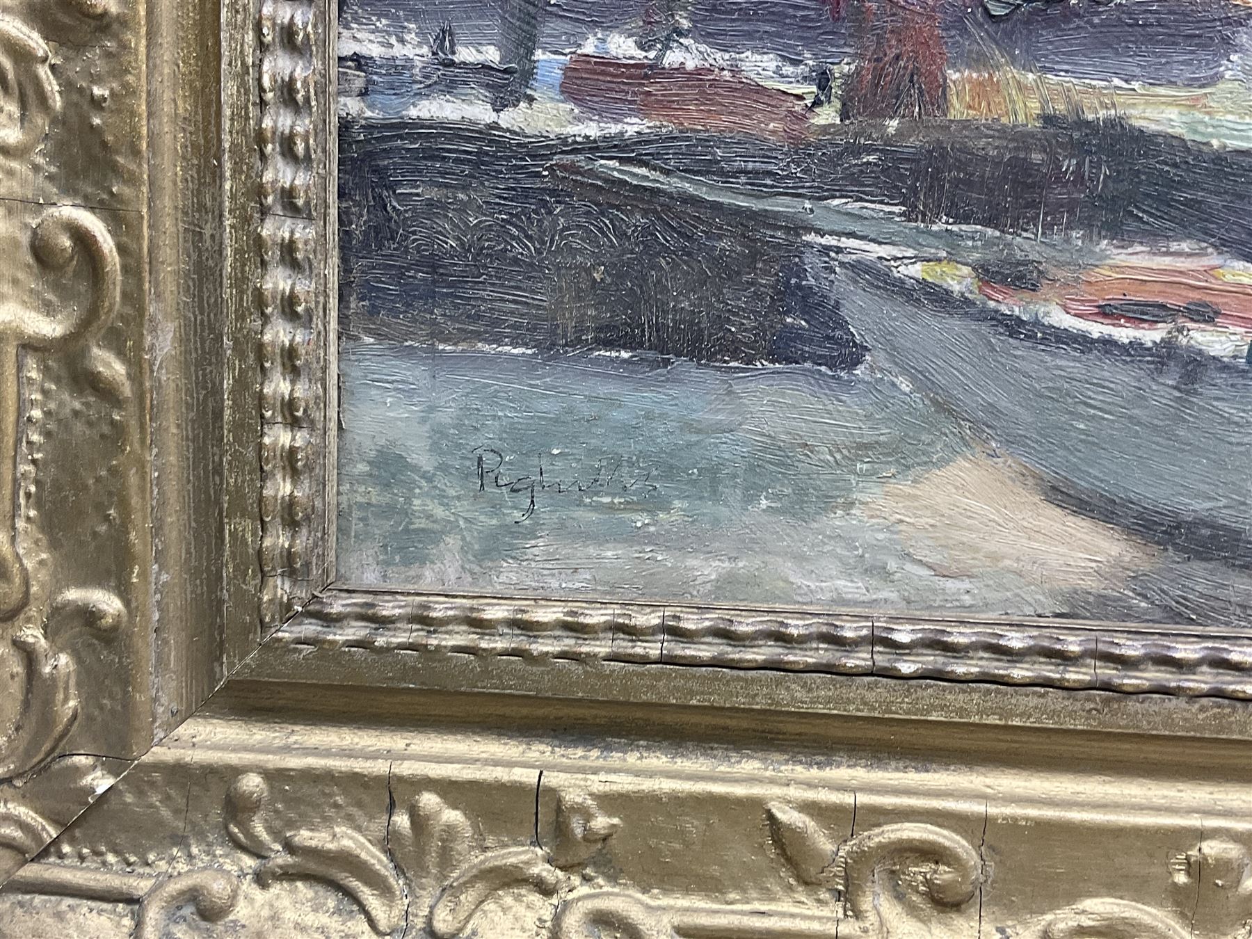 Joseph Pighills (British 1902-1984): Bridlington Harbour, oil on board signed twice, titled and with similar sketch verso 32cm x 46cm