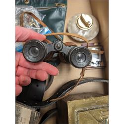 Jacobs Biscuits brass tin, in the form of a coffer, together with a Calibri table lighter, a Ronson lighter, collection of early 20th century post cards, pair of Le Petit Fab binoculars, three leather belts and modern belt buckles