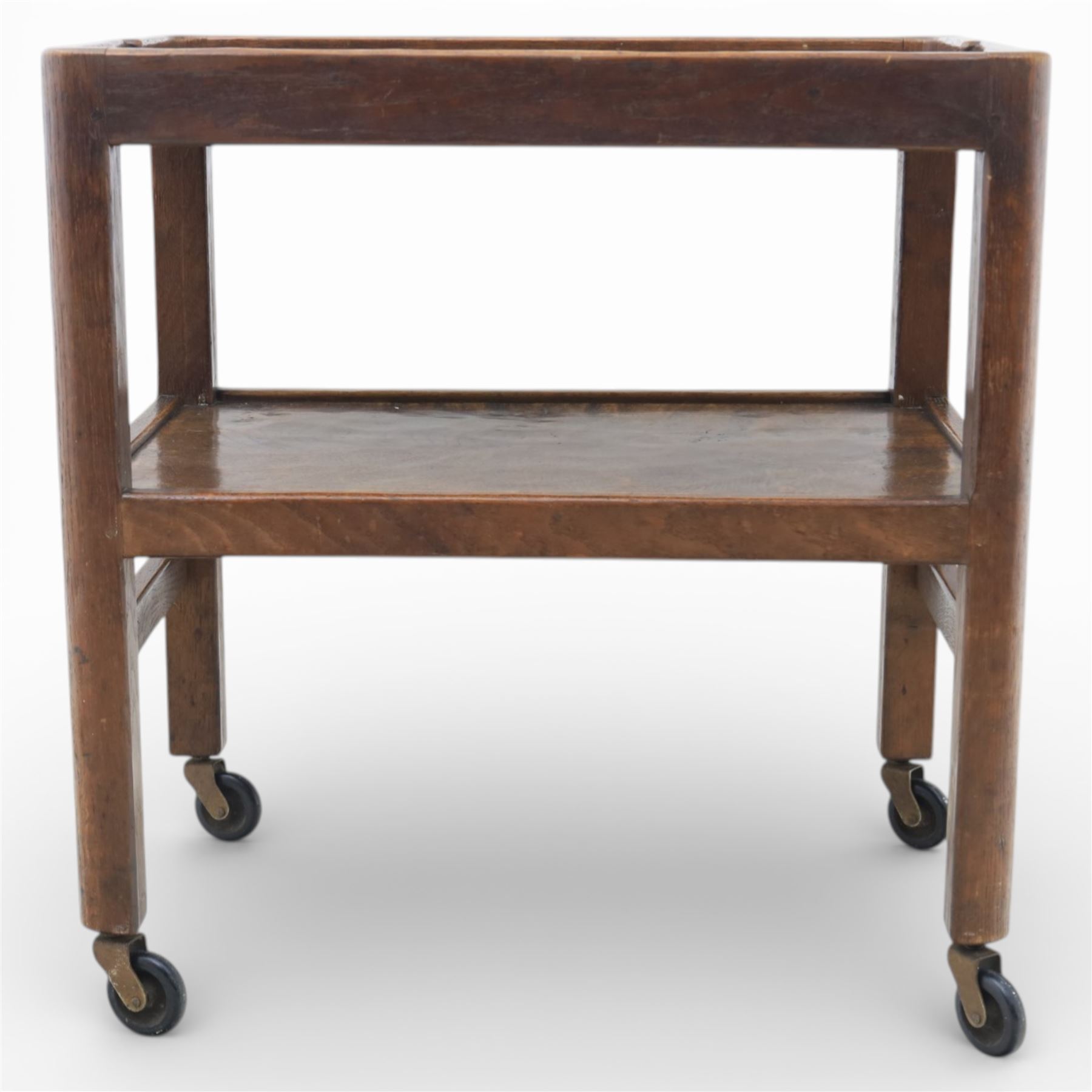 Yorkshire oak dark stained tea trolley, adzed two tier table, raised on castors