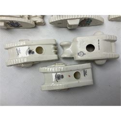 Twelve crested china models of WW1 tanks by Grafton, Arcadian and Carlton china etc with crests from Caistor Lincs, Saffron Walden, Paignton, Evesham etc  , together with a crested china model of the R.M.S Lusitania with New Brighton crest and a two-handled vase for 'The Forts Boxhill' (14)