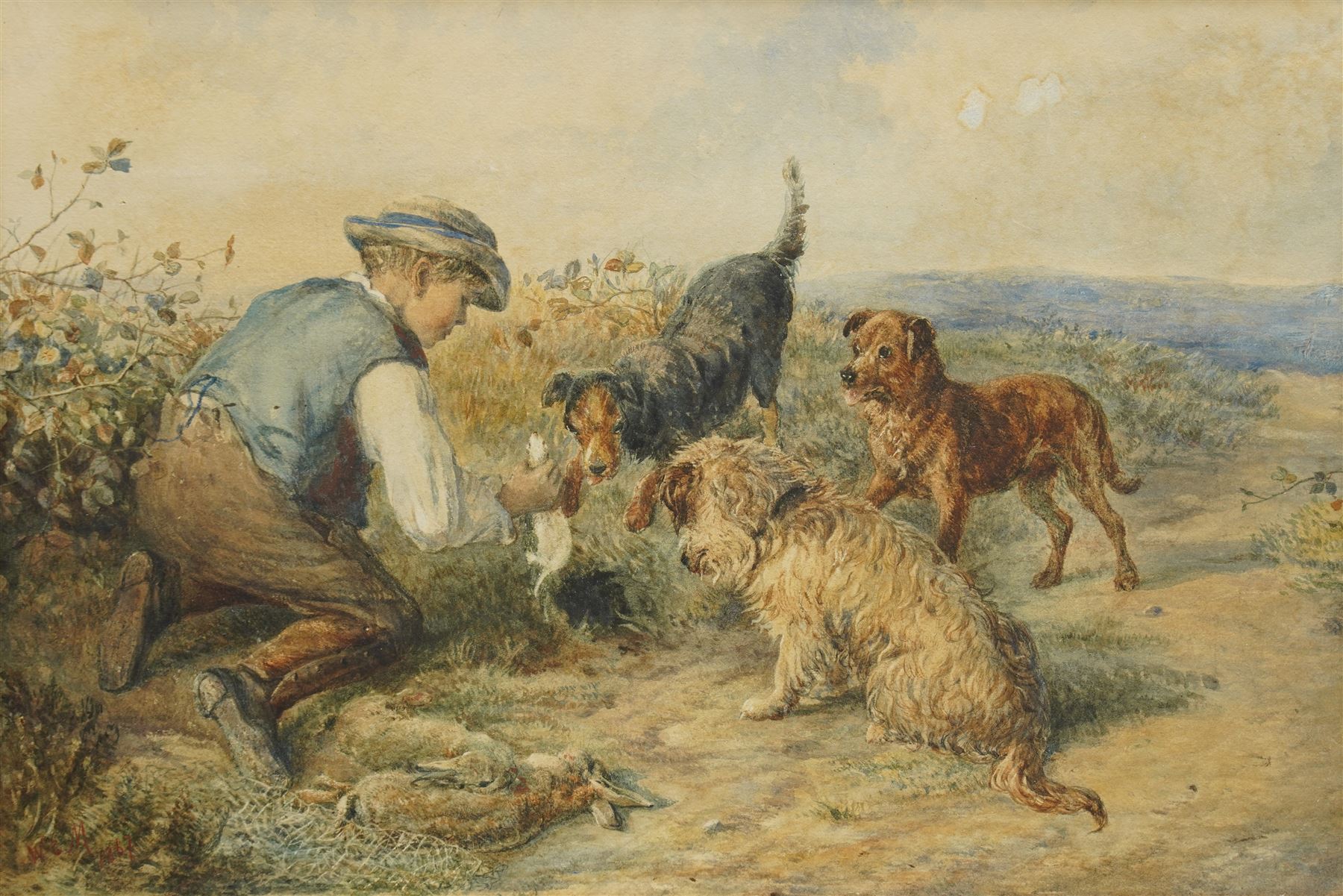 William Edward Millner (British 1849-1895): Terriers Ferreting, watercolour signed with initials and dated 1867, 29cm x 43cm