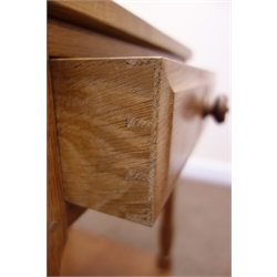  Bob 'Wrenman' Hunter oak side table, adzed top with raised back carved with signature Wren, panel drawer with Yorkshire Rose carved handle, tapering supports joined by a solid stretcher, W50cm, D45.5cm, H80cm  