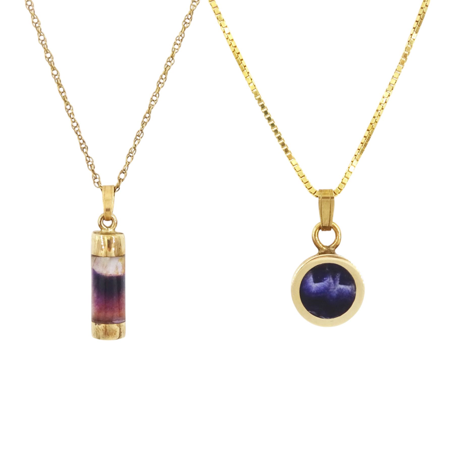 Gold circular Blue John pendant, on gold box link chain necklace and one other gold Blue John pendant necklace, all 9ct