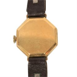 Five 9ct gold manual wind wristwatches, one on a 9ct rose gold expanding bracelet and an 18ct gold manual wind wristwatch, on brown leather strap