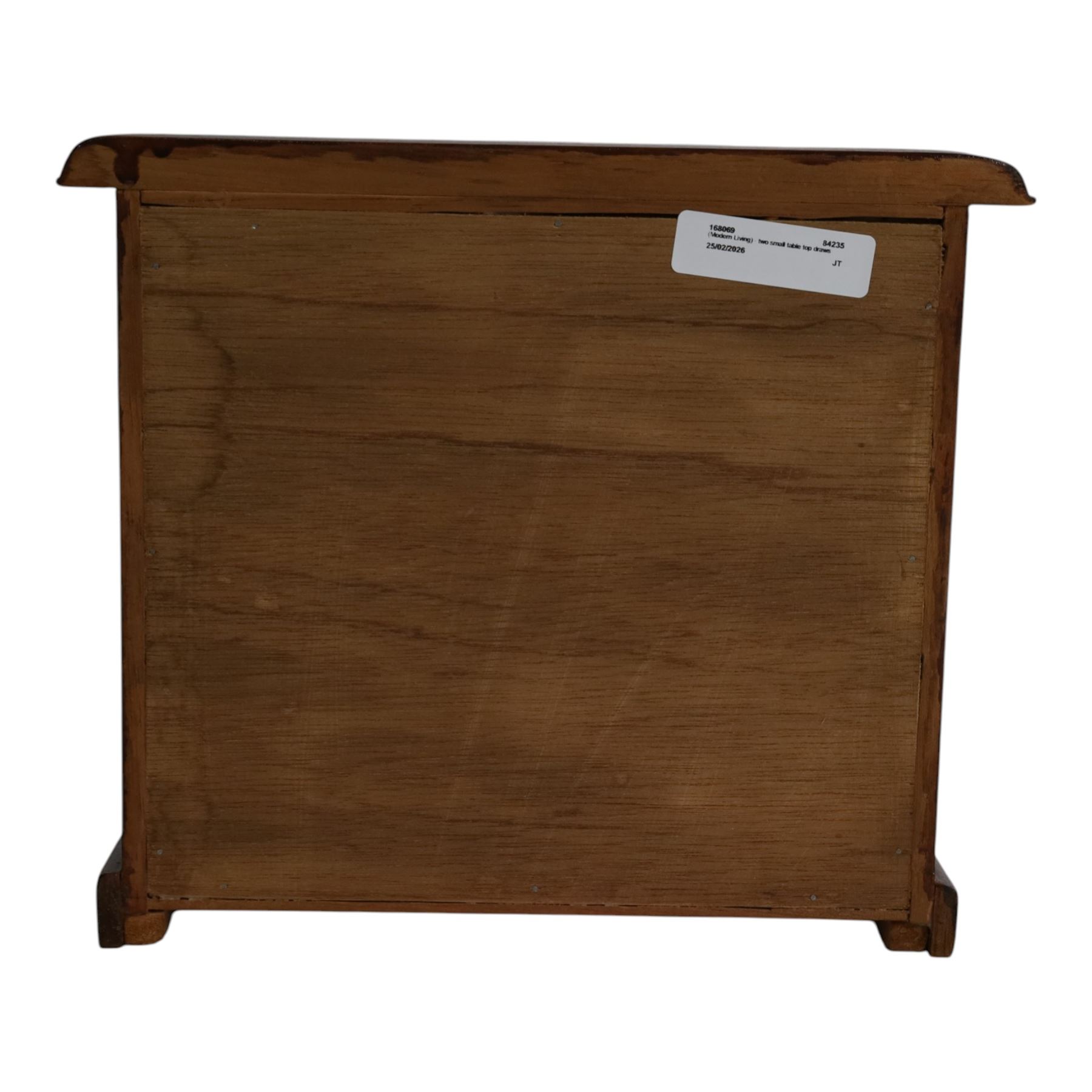 Table top chest of draws, fitted with three draws, upon a skirt base, together with another table top chest 