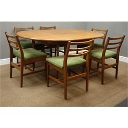  Mid 20th century oval teak dining table with folding leaf (175cm x 121cm), and set six mid 20th century ladder back dining chairs  