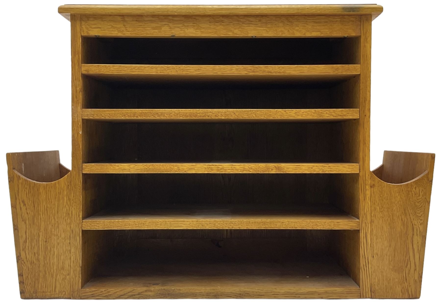 Craftsman made oak magazine table or HI-FI stand, moulded rectangular top over four shelves, flanked by two projecting holders