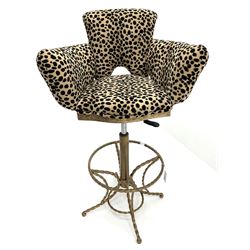 Late 20th century tub shaped bar stool upholstered in leopard print fabric, on gilt finish twisted metal frame, adjustable height, H109cm (max height to back)
