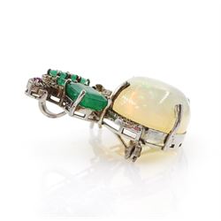 Silver opal, emerald, diamond and ruby bird pendant / brooch, emerald and diamond perched bird, on a single cabochon oval cut opal of approx 26.20 carat, total emerald weight approx 3.15 carat, total diamond weight approx 0.70 carat