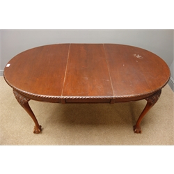  Early 20th century mahogany oval extending dining table, with single leaf, acanthus carved cabriole legs with ball and claw feet, W86cm, H74cm, L150cm  
