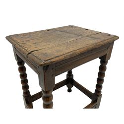 18th century oak joint coffin stool, moulded rectangular top over moulded frieze rails, raised on bobbin turned supports joined by moulded stretchers