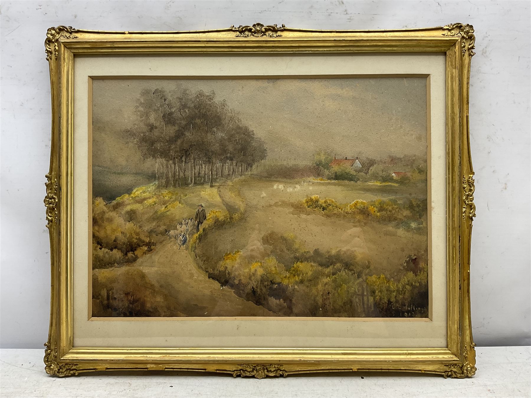 EL Hollings (Student of Frederick William Booty (1840-1924)): Driving Sheep, watercolour signed and dated 1913, 31cm x 44cm