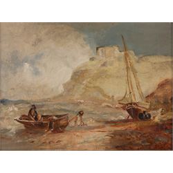 English School (Early 20th Century): Boats Washed Up on the Coast, oil on board indistinct...