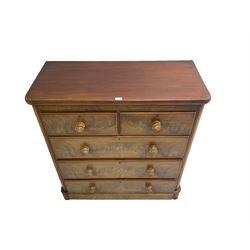 Late 19th century walnut and mahogany straight-front chest, fitted with two short and three long drawers with matchbook veneered fronts, on compressed bun feet