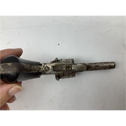 19th century 7mm six-shot pin-fire revolver, with folding trigger, two-piece ebonised grip and ejector rod in butt L17cm