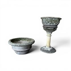 Large circular cast stone planter, and a small lattice planter on raised column