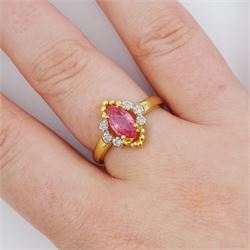 18ct gold padparadscha sapphire and diamond ring, single marquise cut sapphire of approx 0.75 carat, in openwork diamond and bead setting, Birmingham 2006
