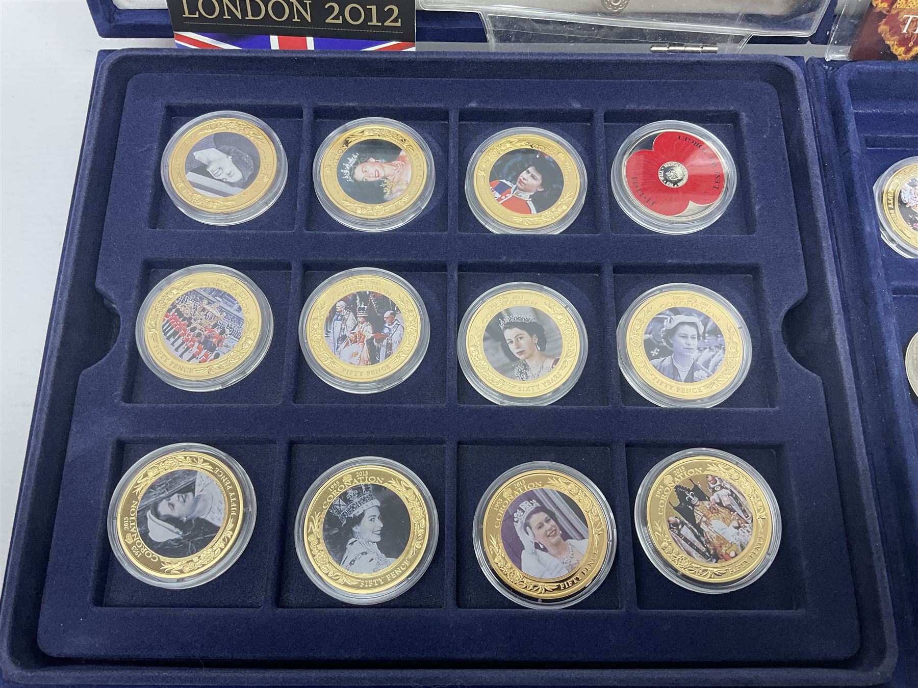 Mostly commemorative coins, including crowns, Queen Elizabeth II 2009 countdown to London 2012 five pound coin on card, 'The 2012 Diamond Jubilee' coin set in card folder, Cook Islands 2013 one dollar commemorating 'Coronation sixty years 1953 2013' etc
