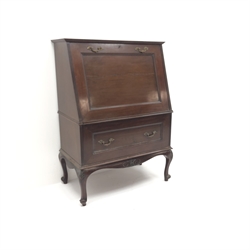  Late 19th century mahogany drinks cabinet, fall front enclosing fitted interior above single drawer, acanthus carved cabriole legs, W88cm, H121cm, D49cm  