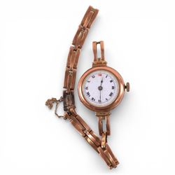 Early 20th century 9ct rose gold manual wind wristwatch, hallmarked,  on rose gold expanding bracelet, stamped 9ct