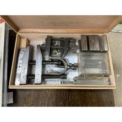 Six shelved cabinets for displaying ‘00’ gauge locomotives comprising plain plywood and white painted examples with track applied to various shelves, largest H63cm, W107cm, D27cm; Collection of tools for building model locomotives to include Weller PU-2D Soldering Pencil and Standard Tip Soldering Iron 20W/230V, Humbrol Modellers Airbrush, Power Supply Units and two wooden chests one of which housing a collection of tools including tweezers, scalping tools, wrenches etc 