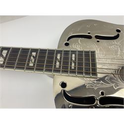 Ozark Dobro chromium plated on brass National style resonator guitar with foliate engraving L98cm; in Ritter soft carrying case