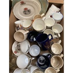 Quantity of commemorative ware to include Spode plate, Hornsea mug, other mugs, glass ware and ceramics etc