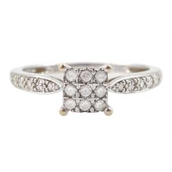 9ct white gold pave set diamond ring, with diamond set shoulders, stamped 375