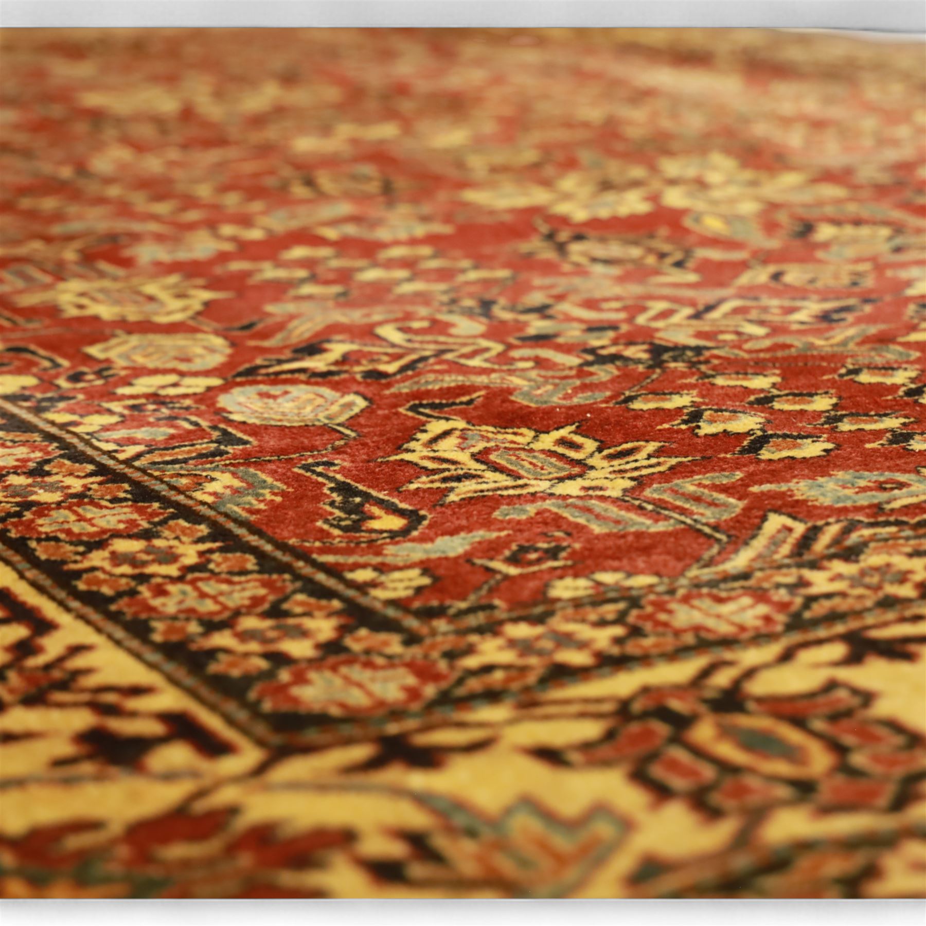 Afghan Gazni Kazak rug, the hand-knotted wool pile featuring a rust red ground with all-over geometric floral motifs in ivory and dark green, enclosed by a wide ivory border with stylised rosettes and angular vine decoration, fringed ends, from the region of Ghazni, Afghanistan