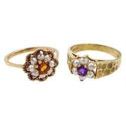 Gold amethyst and pearl cluster ring, both hallmarked 9ct, pair of 14ct gold tigers eye and diamond pendant stud earrings and a pair of gilt hoop earrings