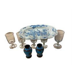 Large meat platter, together with wine glasses and pair of cloisonne vases