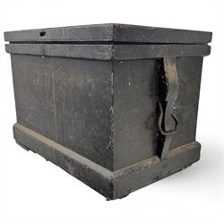 20th century black painted camphorwood lined tool chest, rectangular hinged lid over moulded edge, black painted exterior with iron straps and carry handles, the interior fitted with sliding lidded trays and drawers with turned handles, containing an assortment of hand tools