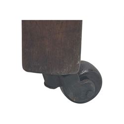 Georgian design mahogany drop-leaf table, rectangular top above a single drawer with brass handle, square supports united by arched undertier, on brass castors (W62cm, D65cm, H72cm); and a smaller mahogany drop-leaf table with single drawer on turned supports (W43cm, D61cm, H72cm)